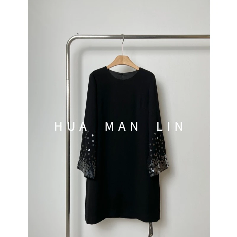 【花滿林】“璀璨亮片 ”新款醋酸圆领手袖亮片中长款气质连衣裙7709