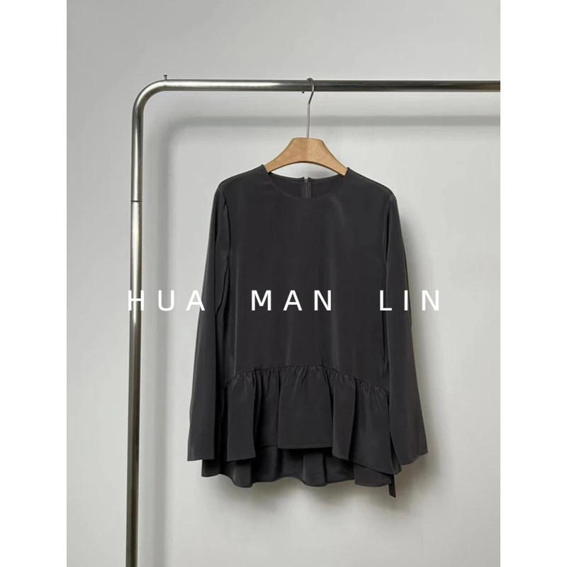 【花滿林】圆领定染灰色下摆捏褶阔版40姆米重磅真丝桑蚕丝上衣7006