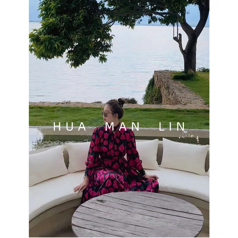 【花滿林】堆堆领郁金香26姆米90%~弹力缎真丝桑蚕丝蛋糕连衣裙7192