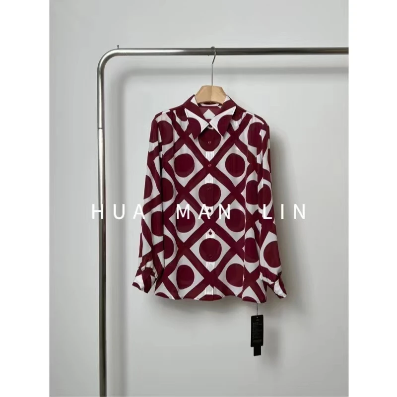 花滿林”波点格子'新款翻领桑蚕丝时尚翻领百搭衬衫上衣7587