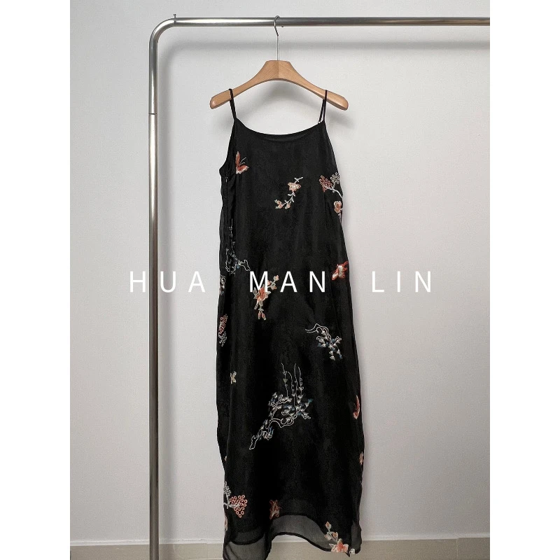 花滿林肩带可调节重工刺绣欧根纱真丝桑蚕丝吊带裙8669