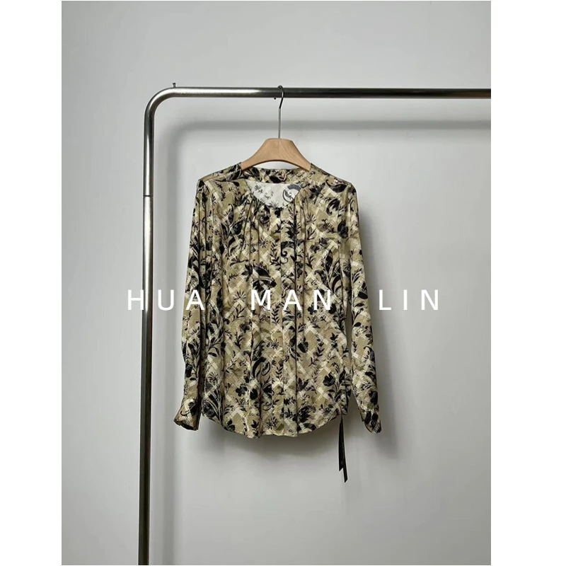 【花滿林】圆领收褶菱格印花时尚气质上衣5787