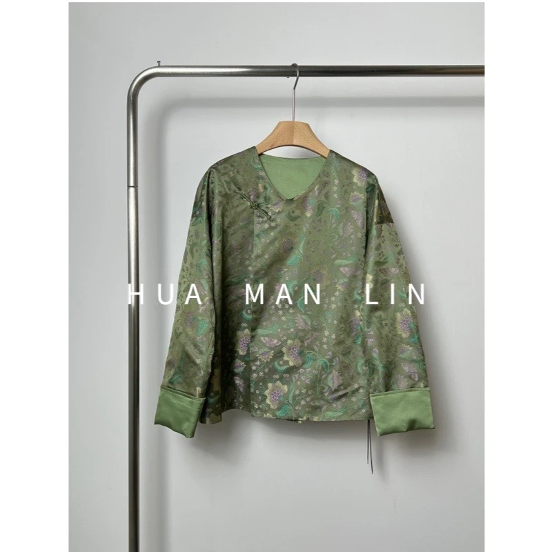 【花滿林】新款圆领斜门襟盘扣真丝桑蚕丝宋锦卷袖气质上衣7621
