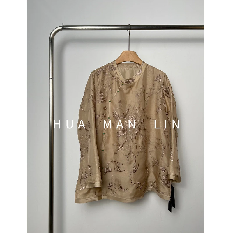 【花满林】圆领斜门襟重工刺绣欧根纱桑蚕丝上衣8332