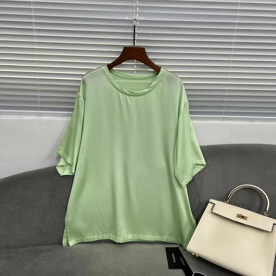 【花滿林】新款青苹果绿珍珠缎桑蚕丝圆领侧开叉简约百搭T恤 3256
