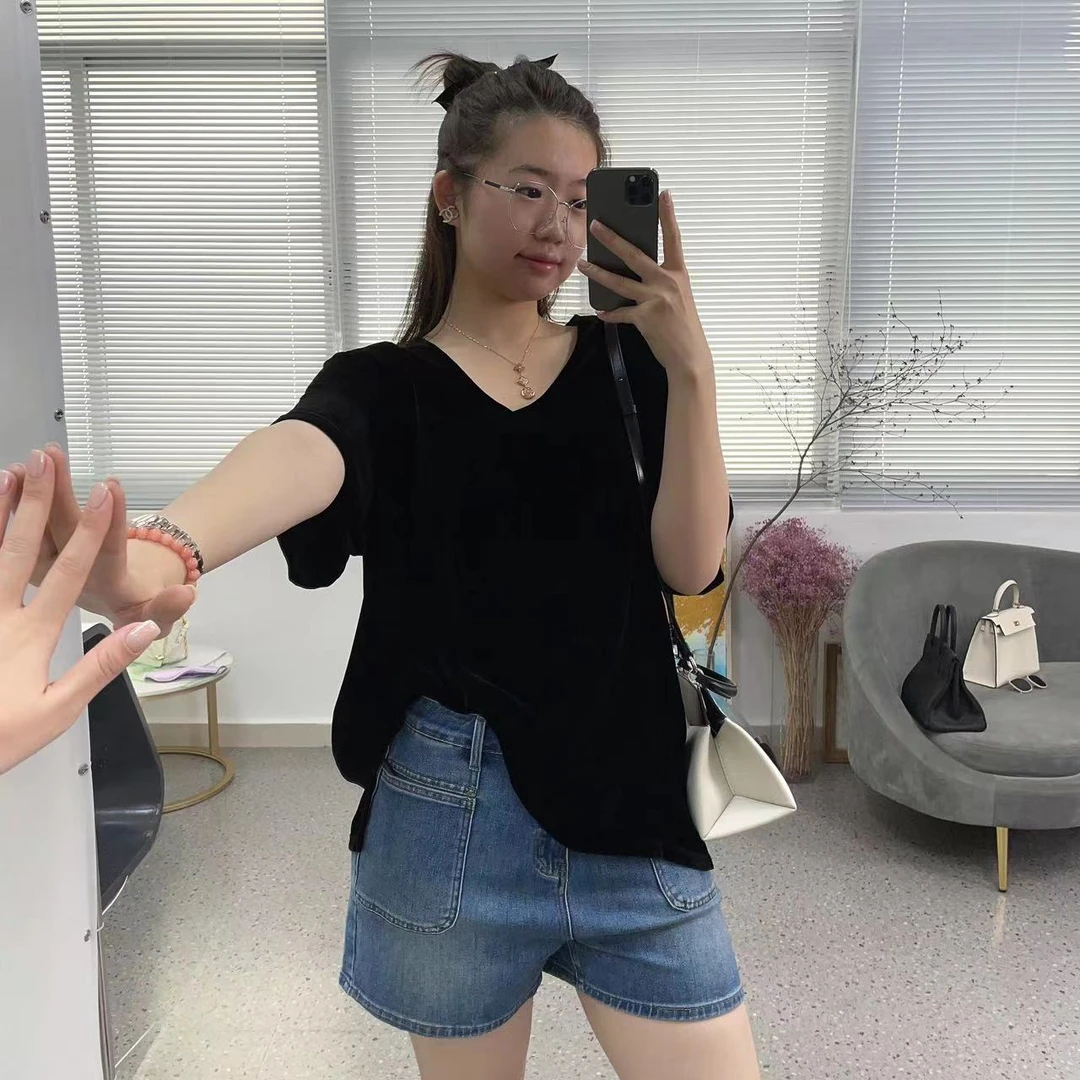 【花滿林】新款时尚V领定染色桑蚕丝丝绒纯色百搭上衣5001