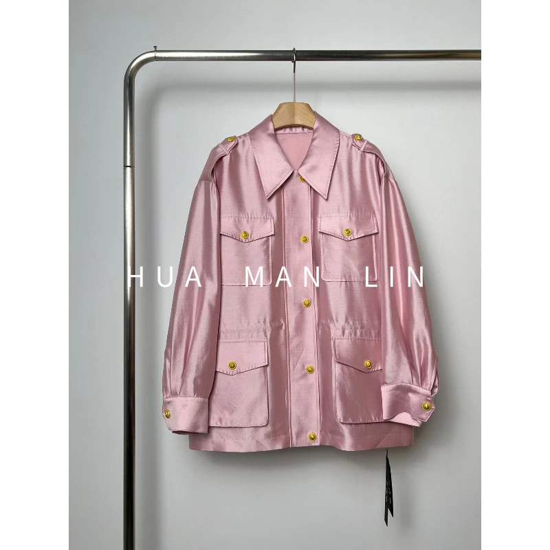 【花满林】翻领金扣四口袋腰部抽绳真丝桑蚕丝丝毛外套8910