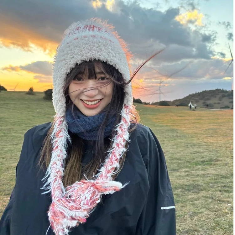 2024新款民族风条纹拼接针织毛线帽秋冬女加厚保暖防寒护耳套头帽