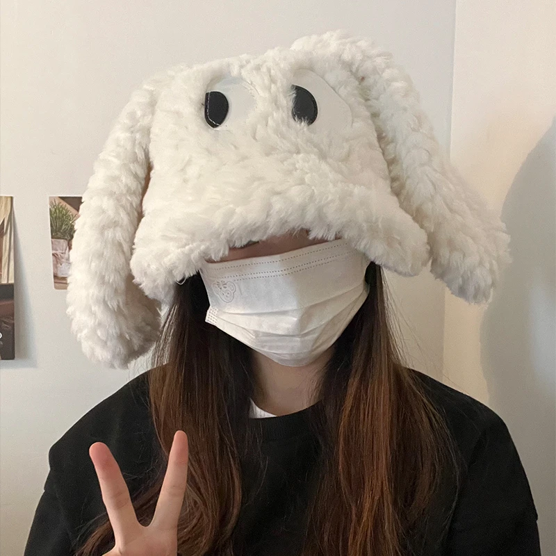 可爱搞怪兔子帽子女秋冬2024新款百搭渔夫帽眼睛长耳朵毛绒雷锋帽