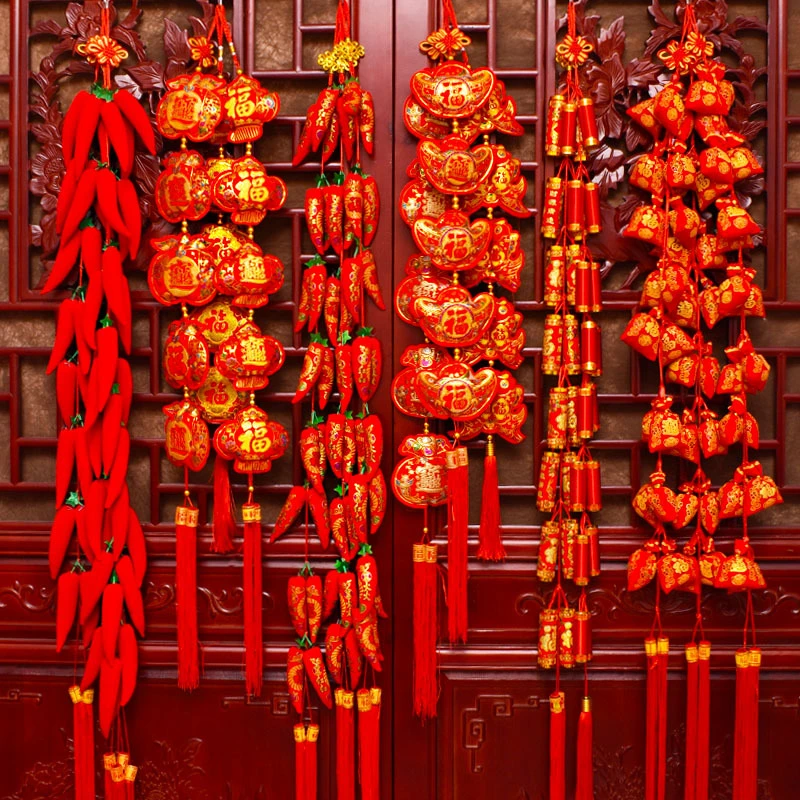 新年喜庆春节大红辣椒串鞭炮串挂件福袋客厅新房节日装饰乔迁