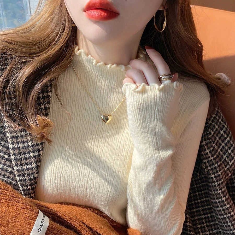 半高领打底衫女秋冬洋气2023新款毛衣内搭加厚木耳边针织长袖上衣