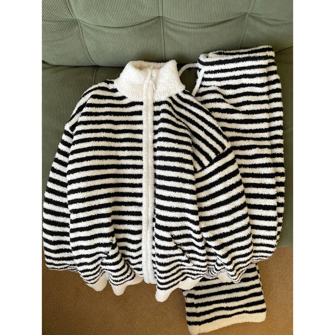 半边绒睡衣女款秋冬季2024可外穿条纹加厚绒女士冬天居家居服套装