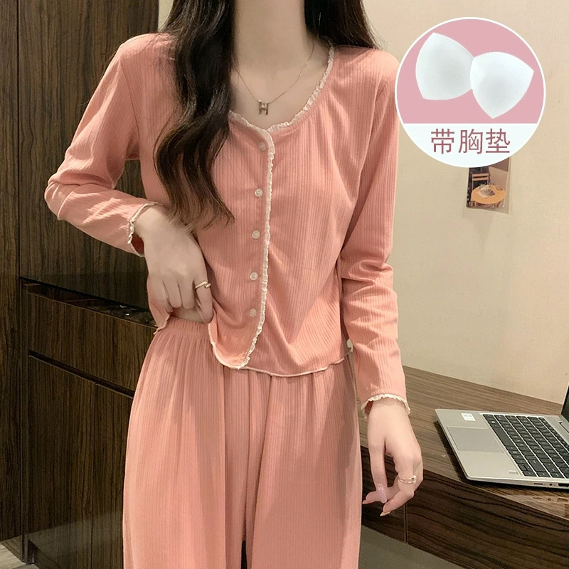 纯棉睡衣女款春秋长袖爆款2025新款出门款带胸垫夏季居家居服套装
