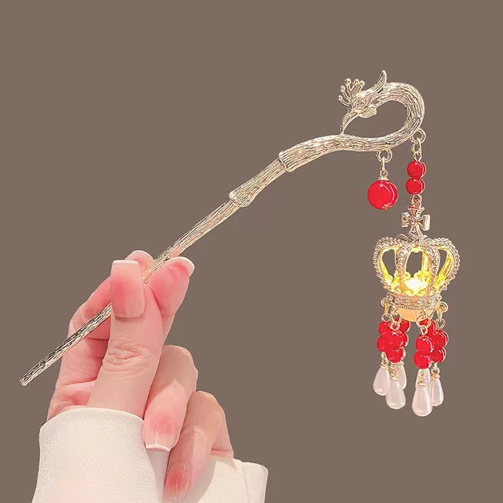 宫廷风宫灯簪子女国潮金属凤凰发钗国风步摇发光灯笼发簪095号