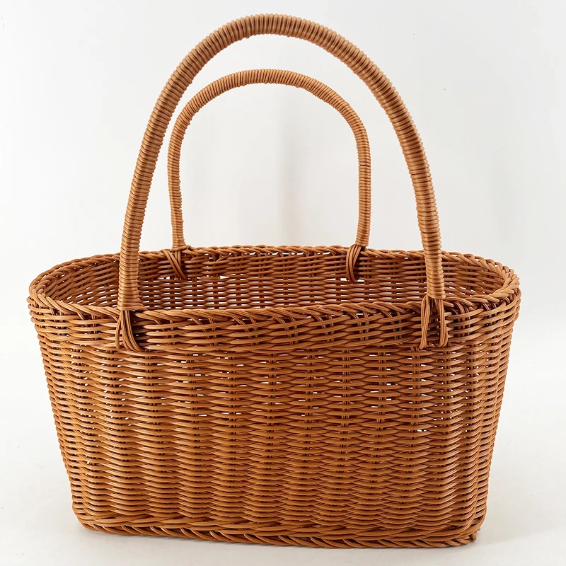 a075棕色长方形双提手野餐户外织筐纯手工编织大号菜篮子35*20*20