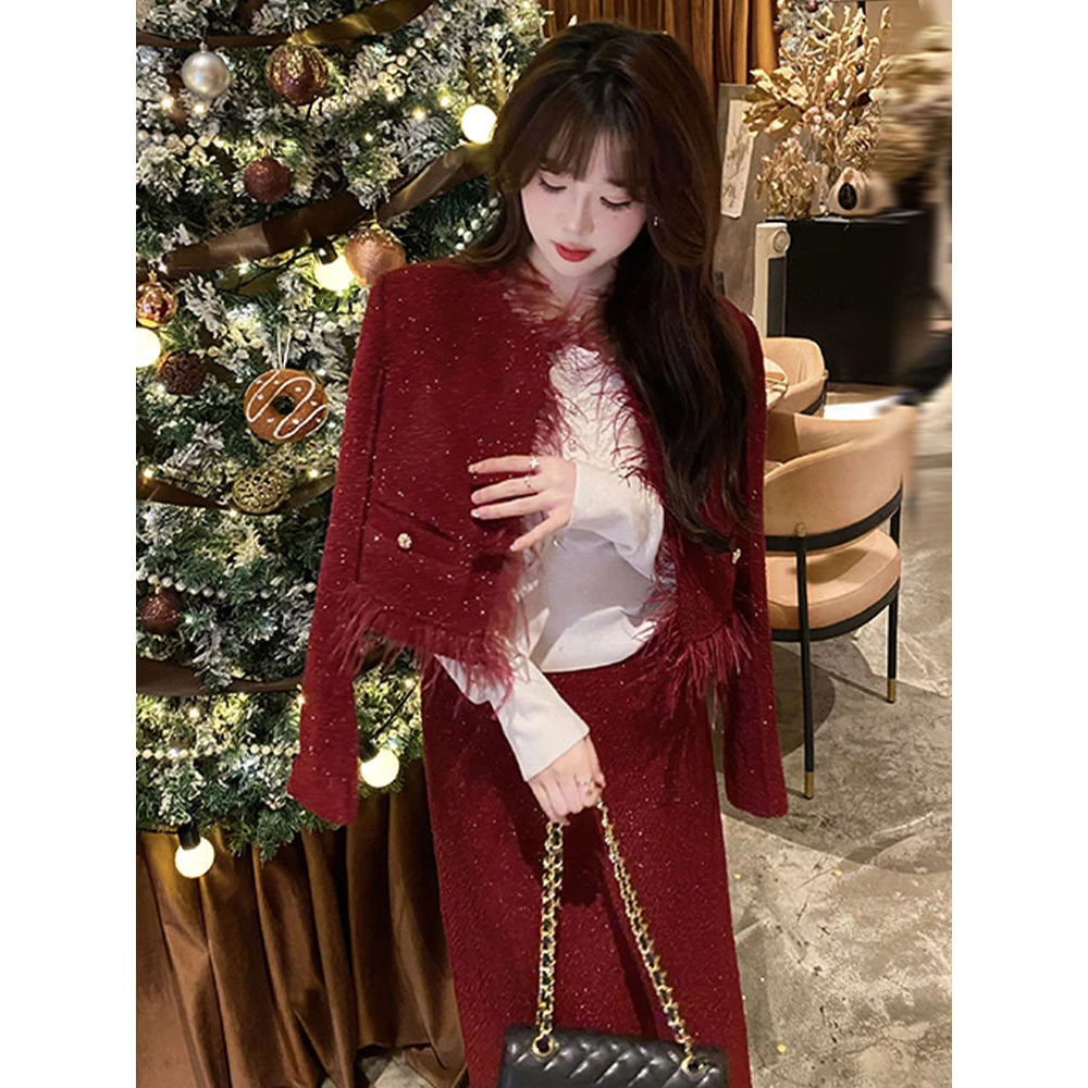 新年千金战袍小香套装法式风气质名媛红色喜庆轻熟风穿搭套装两件