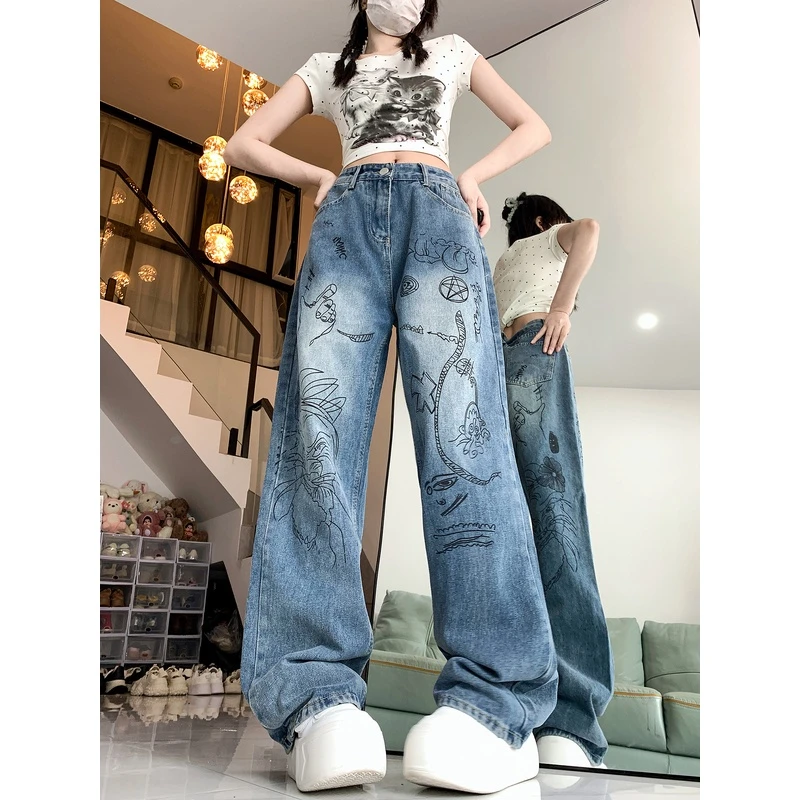 美式高街直筒牛仔裤女春秋潮流卡通涂鸦印花宽松阔腿oversize裤子