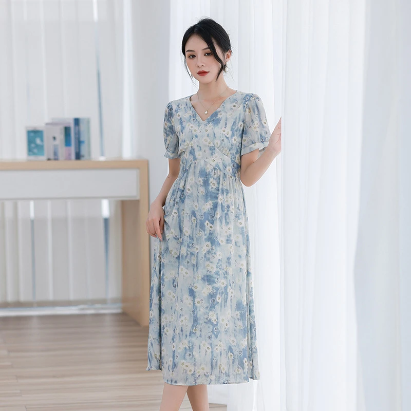 奢姿2024法式V领温柔风连衣裙女夏大码显瘦遮肚子雪纺裙气质长裙