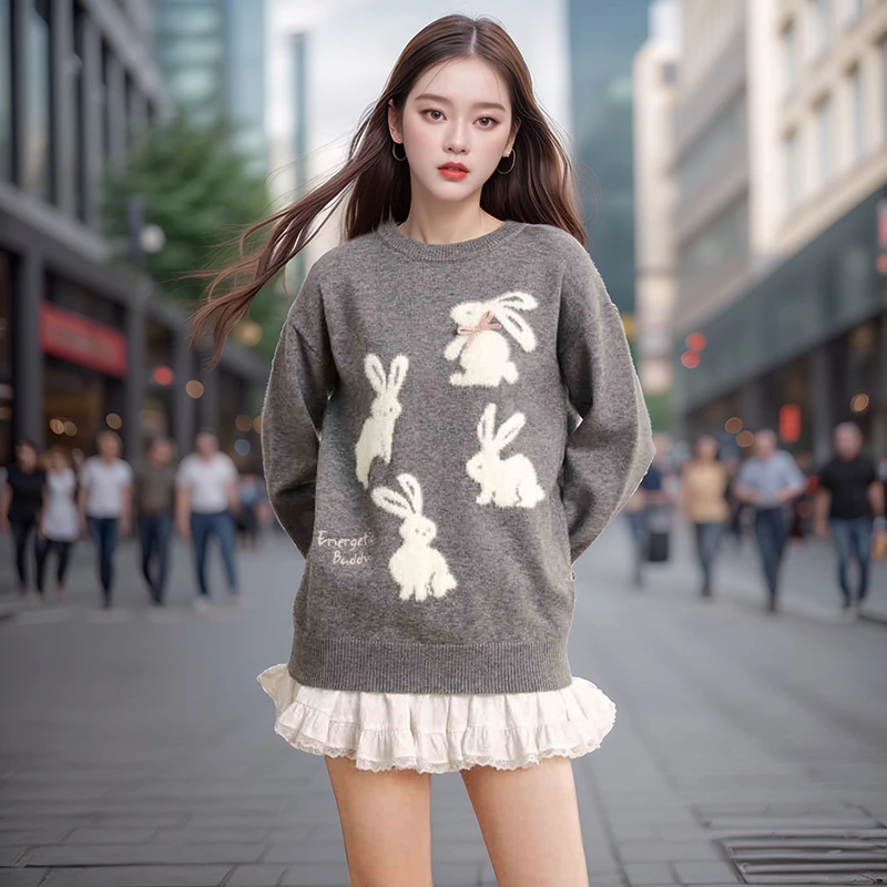 奢姿2024年冬季新款大码女装蝴蝶结兔兔针织衫胖妹妹圆领提花上衣