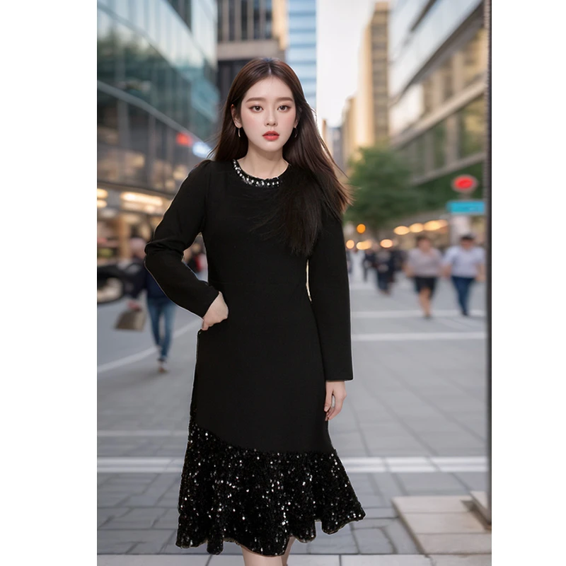 奢姿2024年秋季新款大码女装设计感针织裙子胖妹妹拼接亮片连衣裙