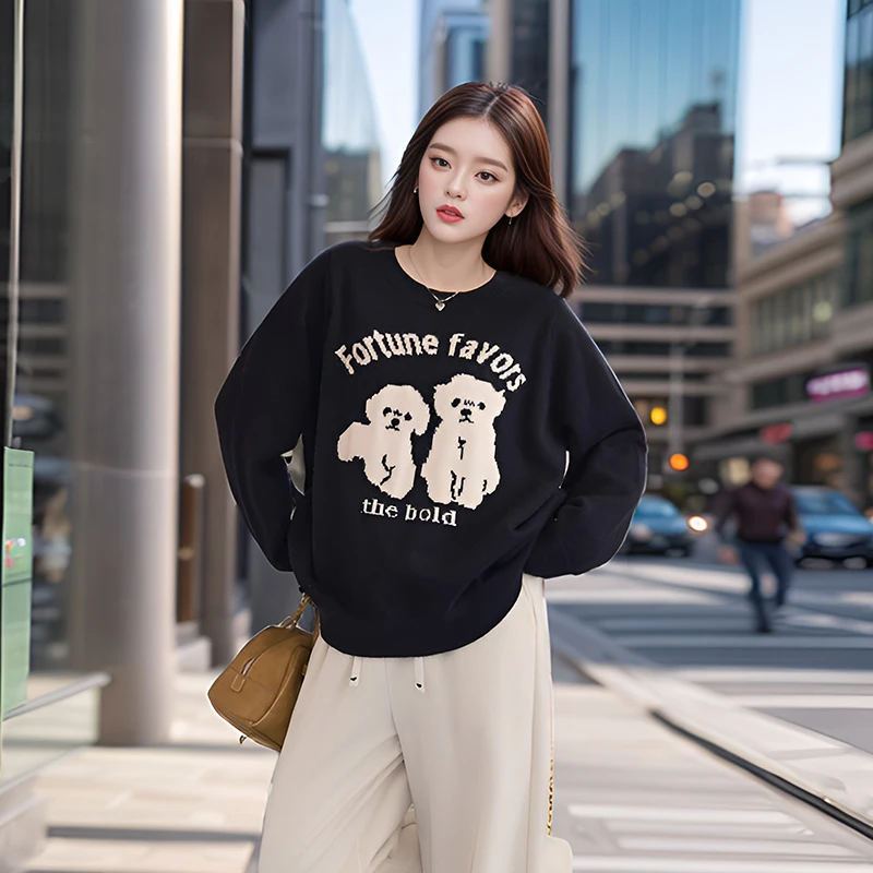 奢姿2024年冬季新款大码女装圆领休闲上衣胖妹妹减龄学院风针织衫