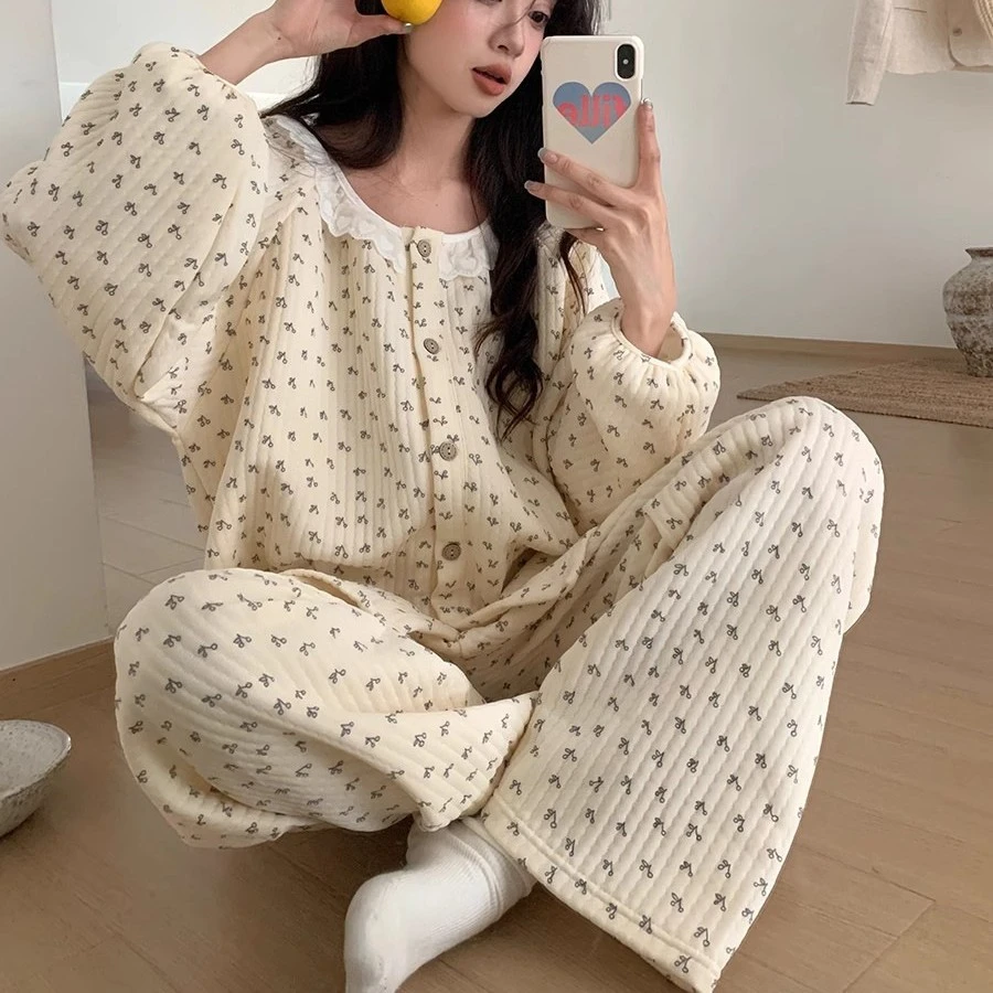 空气棉睡衣女款秋冬长袖长裤加厚夹棉碎花甜美蕾丝花边家居服套装