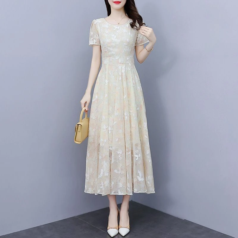重工艺绣花碎花雪纺短袖连衣裙大摆长款气质仙女裙