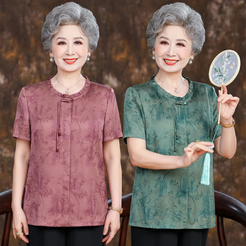老年人女装衬衫奶奶夏季时尚上衣妈妈装夏装中式老太太t恤衣服女