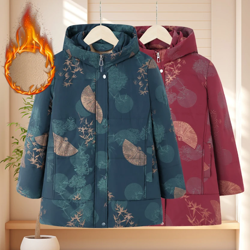 奶奶冬装保暖棉服中老年妈妈加绒加厚中长款棉服70岁80老年人外套