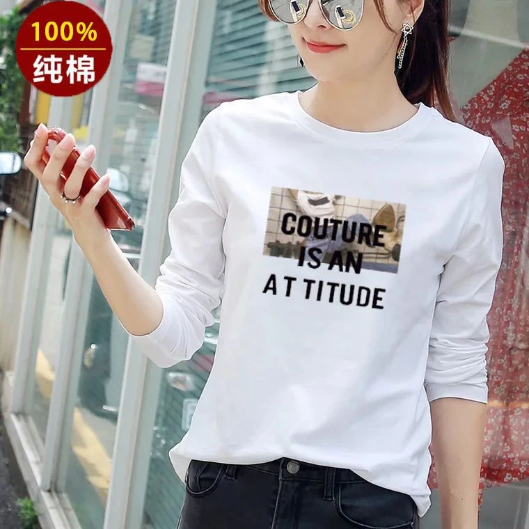 白色纯棉长袖t恤女2022新款韩版宽松大码圆领秋季体恤打底衫秋衣