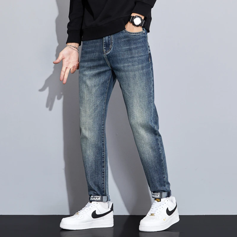 牛仔裤男士潮牌修身小脚美式复古水洗2024春秋冬季宽松弹力长裤子