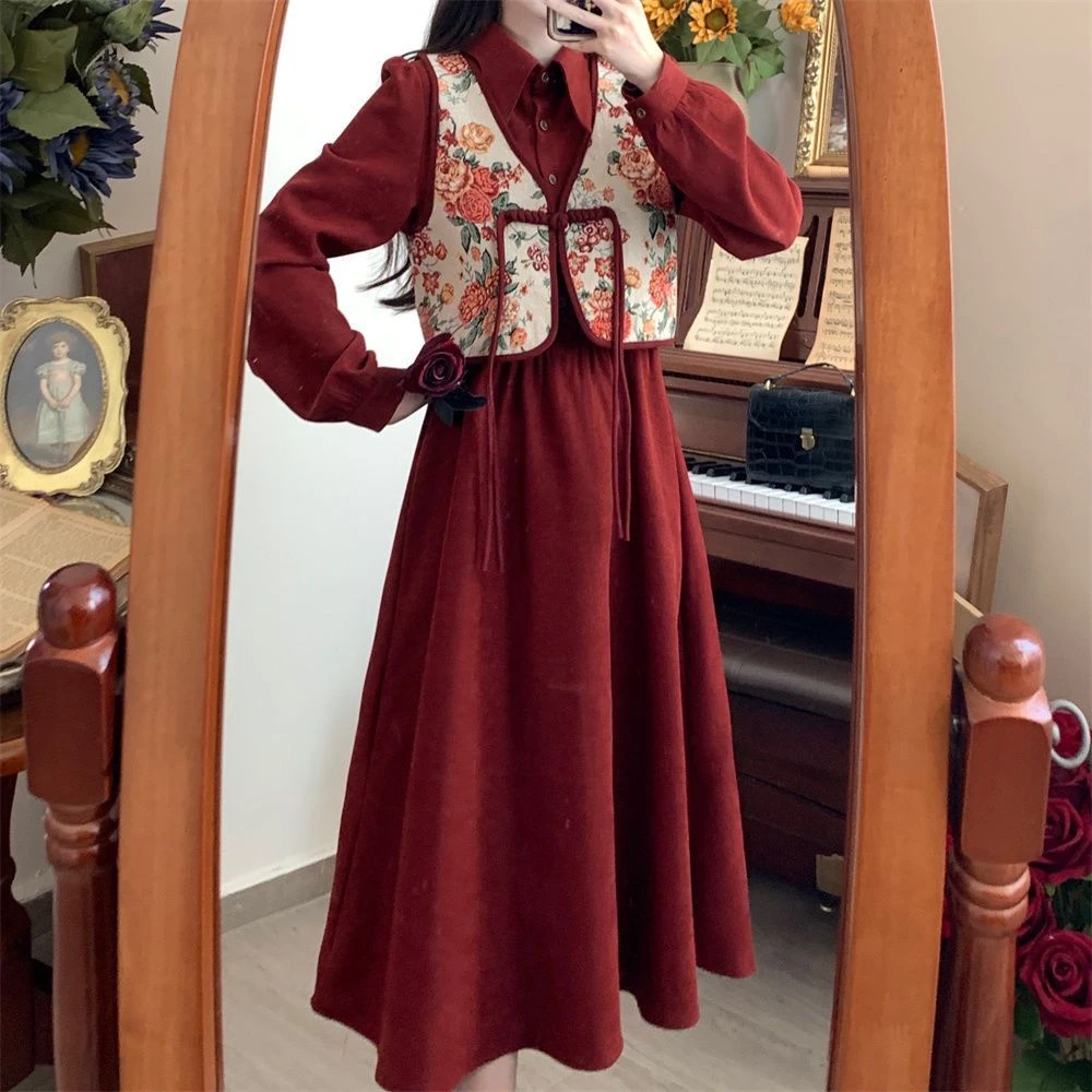 时尚国风马甲连衣裙秋冬新款复古盘扣灯芯绒年轻两件套连衣裙女潮