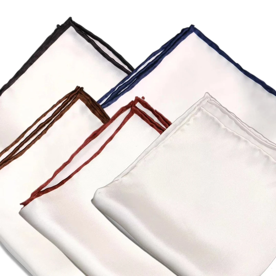 纯桑蚕丝袋巾纯色撞色手工卷边，彩色包边男士西装口袋巾百搭配饰