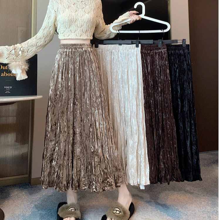 金丝绒亮闪闪半身裙女2024新款秋季高腰褶皱A字裙韩版百搭中长裙