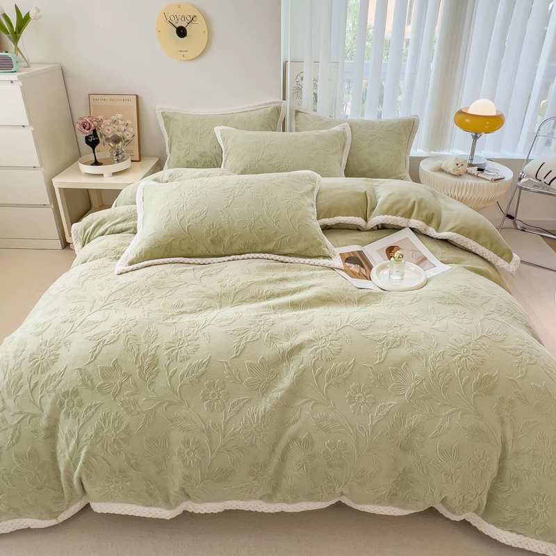 2023冬款立体雕花暖绒四件套被套加绒高档绒被单人双面绒加厚简约
