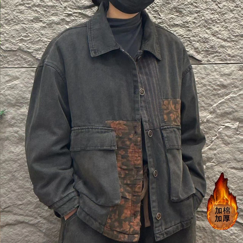 新款时尚洋气拼接加棉牛仔衣女外套上衣潮