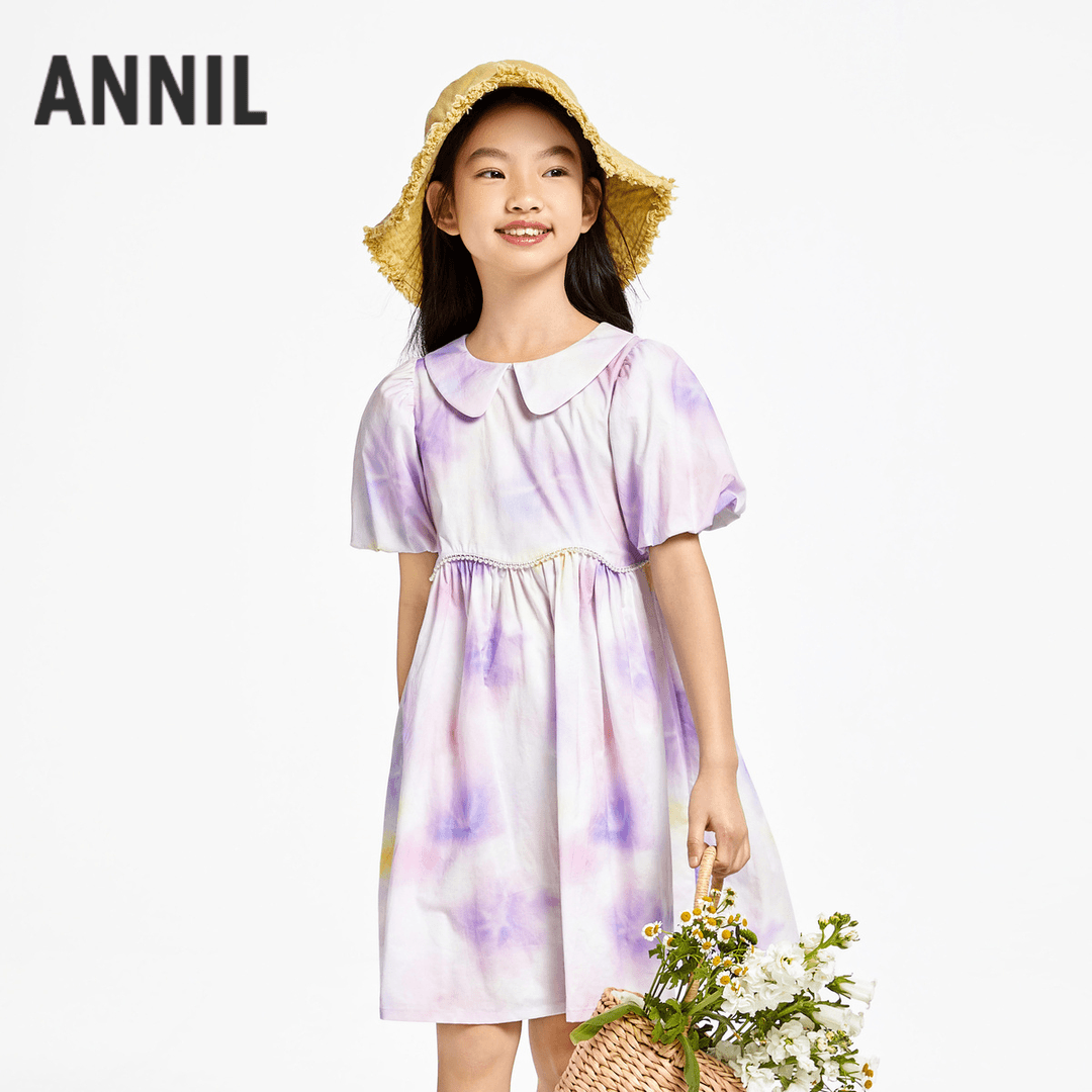 女童短袖连衣裙夏新款纯棉多彩晕染甜美透气安奈儿童装EG423122