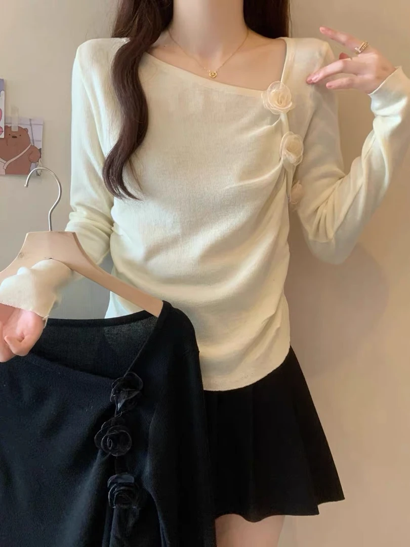2024早秋新款女时尚甜美不规则打底衫设计感修身显瘦辣妹针织上衣