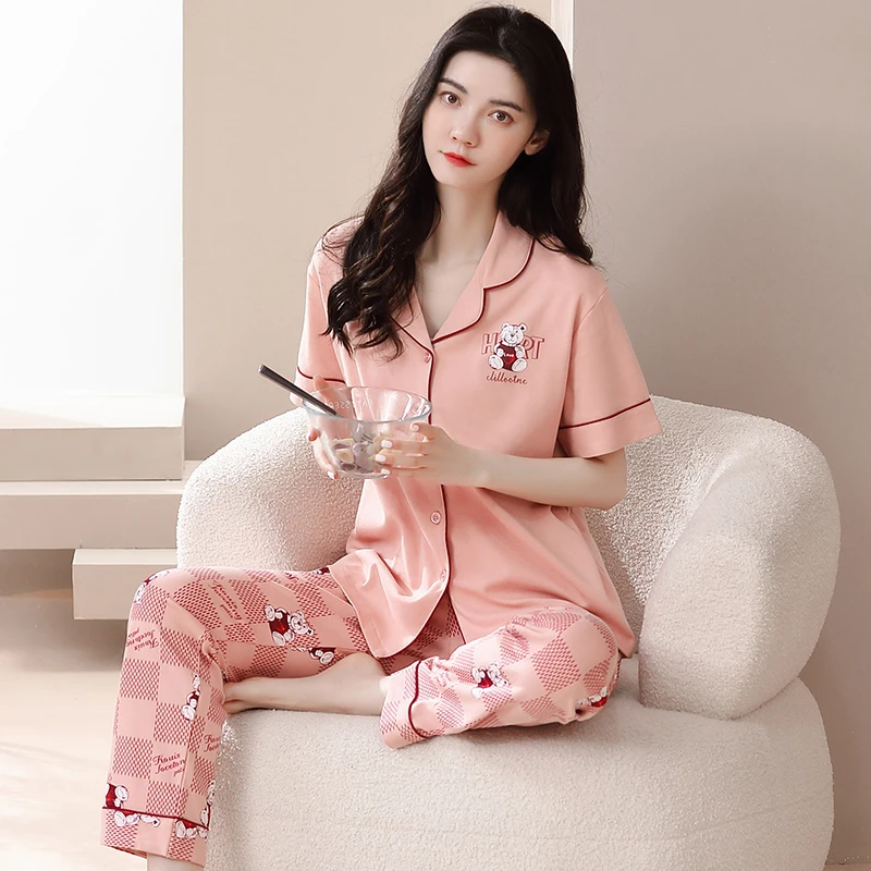 短袖长裤睡衣女夏天纯棉简约女士家居服夏款套装薄款休闲翻领开衫