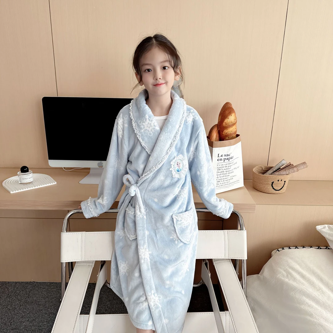 女童爱莎加绒睡袍秋冬保暖浴袍爱莎公主家居睡裙保暖加厚公主浴袍