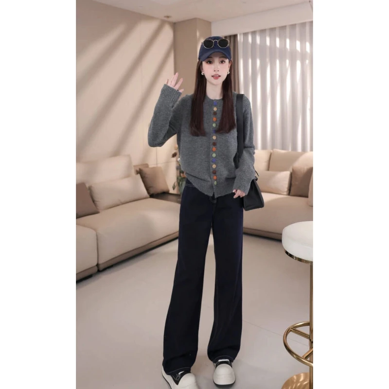 【雅致优雅】B10622秋冬新款宽松洋气时尚复古彩色扣子毛衣开衫