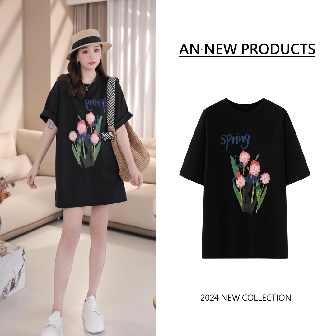 安南AN【美人花期】B4150时尚设计感宽松百搭重工温柔花朵字母T恤