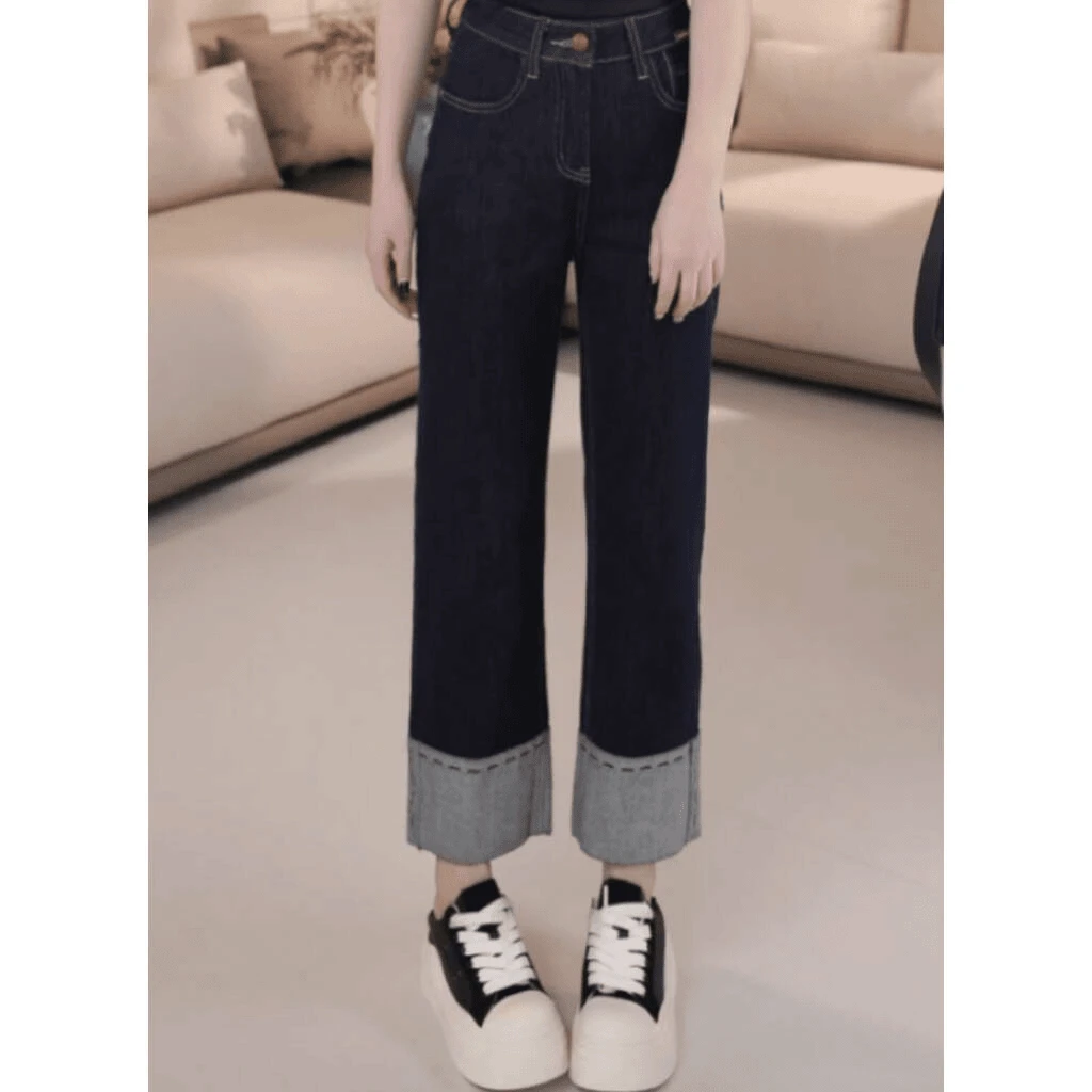 【版型优越】B90057秋季新款时尚洋气拼接裤脚显瘦九分烟管牛仔裤