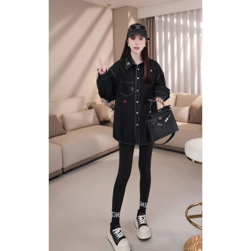 【 璀璨夜骑士】B90297秋冬新款宽松时尚刺绣图案加薄绒牛仔衬衫