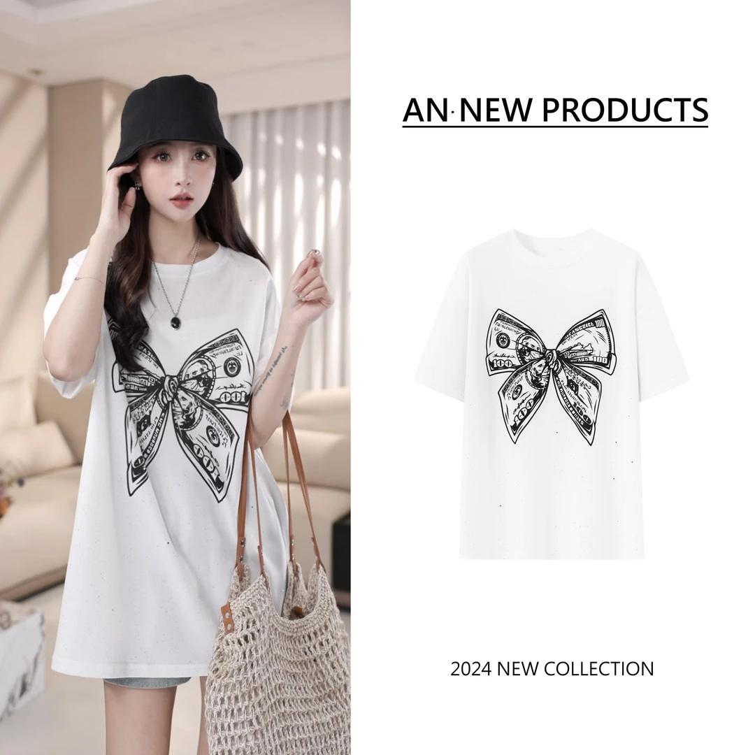 安南AN【窗影枯蝶】B3129韩版时尚设计感别致洋气蝴蝶结图案T恤
