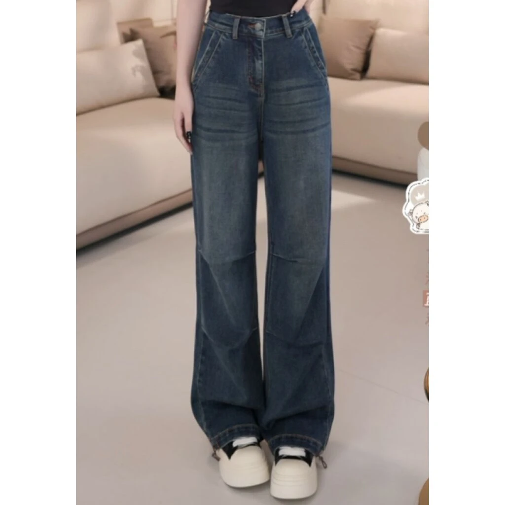 B8330秋季新款韩版宽松设计感后松紧腰百搭阔腿直筒牛仔裤