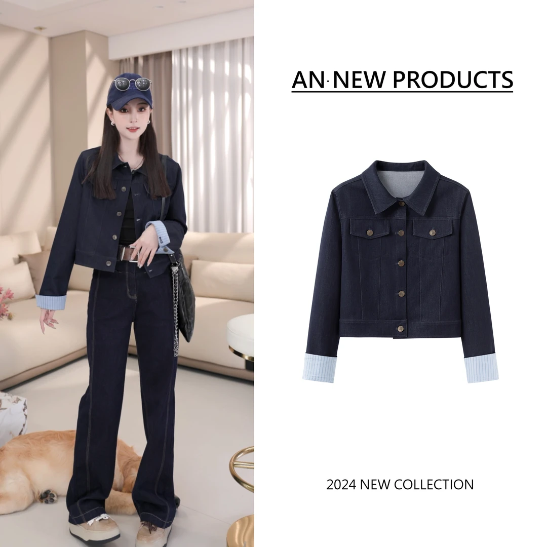 【蒲英兰】B8103秋季新款设计感拼接袖口复古时尚百搭气质牛仔外套