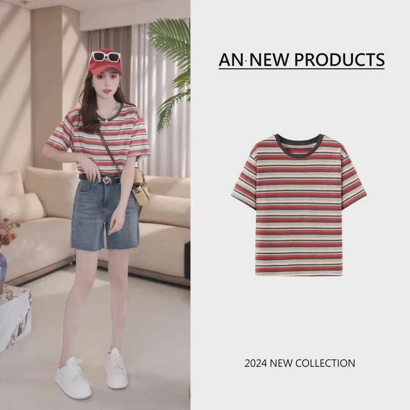 安南AN【绮梦木兰】B5076夏季新款律动莫兰迪休闲洋气拼色条纹T恤