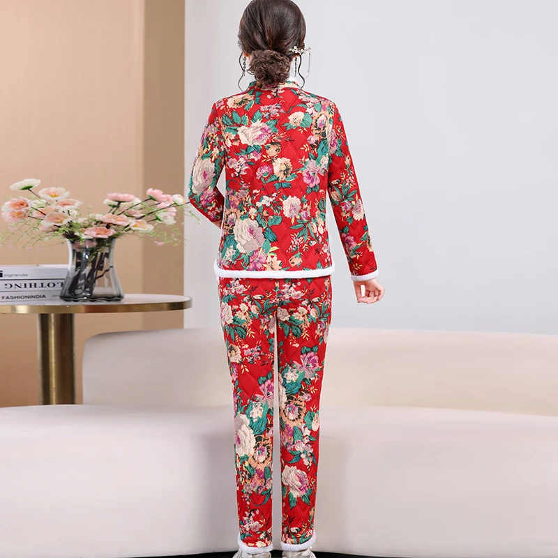 中老年加绒加厚棉衣冬套装女装妈妈装防寒保暖居家棉袄中年两件套