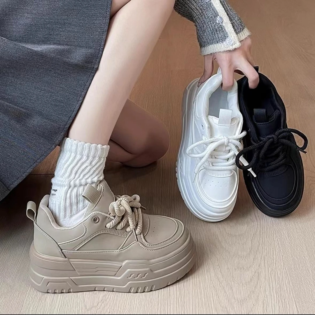 厚底老爹鞋女款厚底女鞋春季2025新款增高面包鞋网红小白鞋松糕鞋
